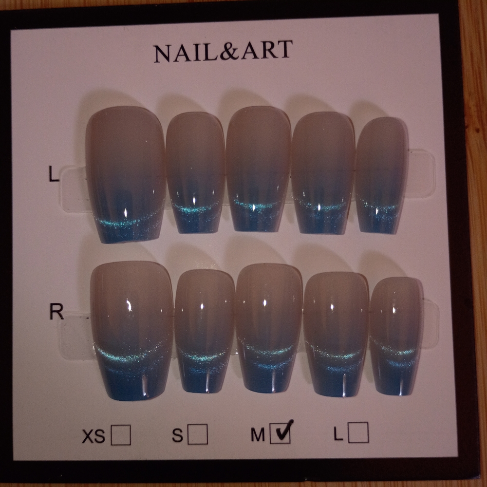Cat Eye Blue Gradient French Tip Nail Set